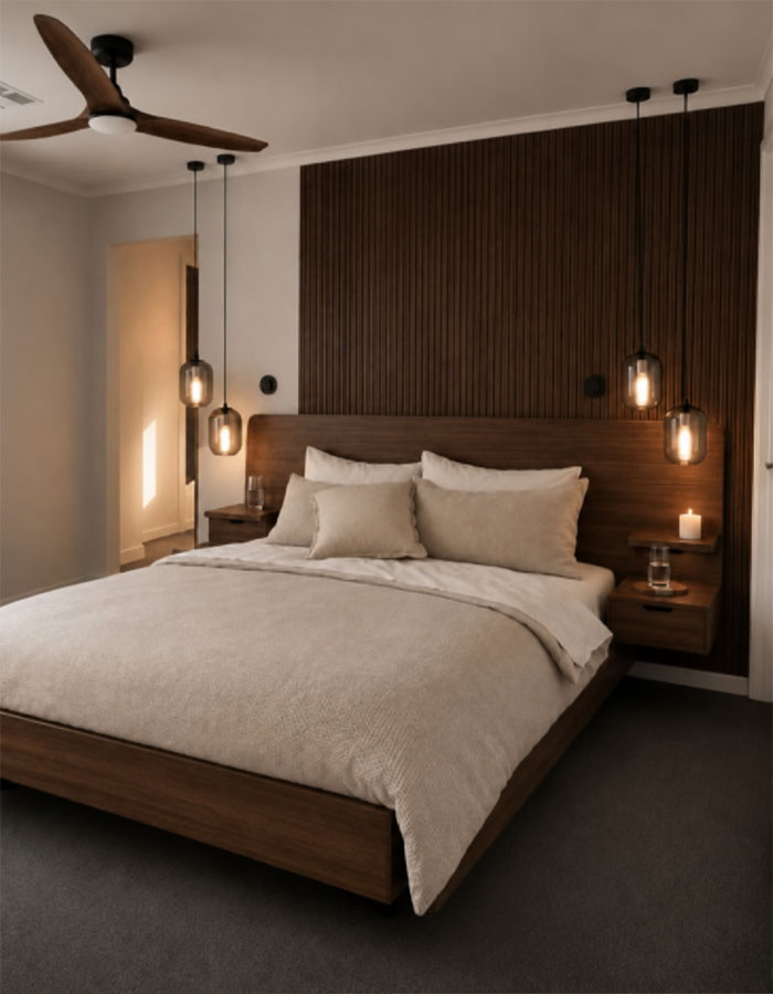 Finished bedroom with completed pendant lighting installation